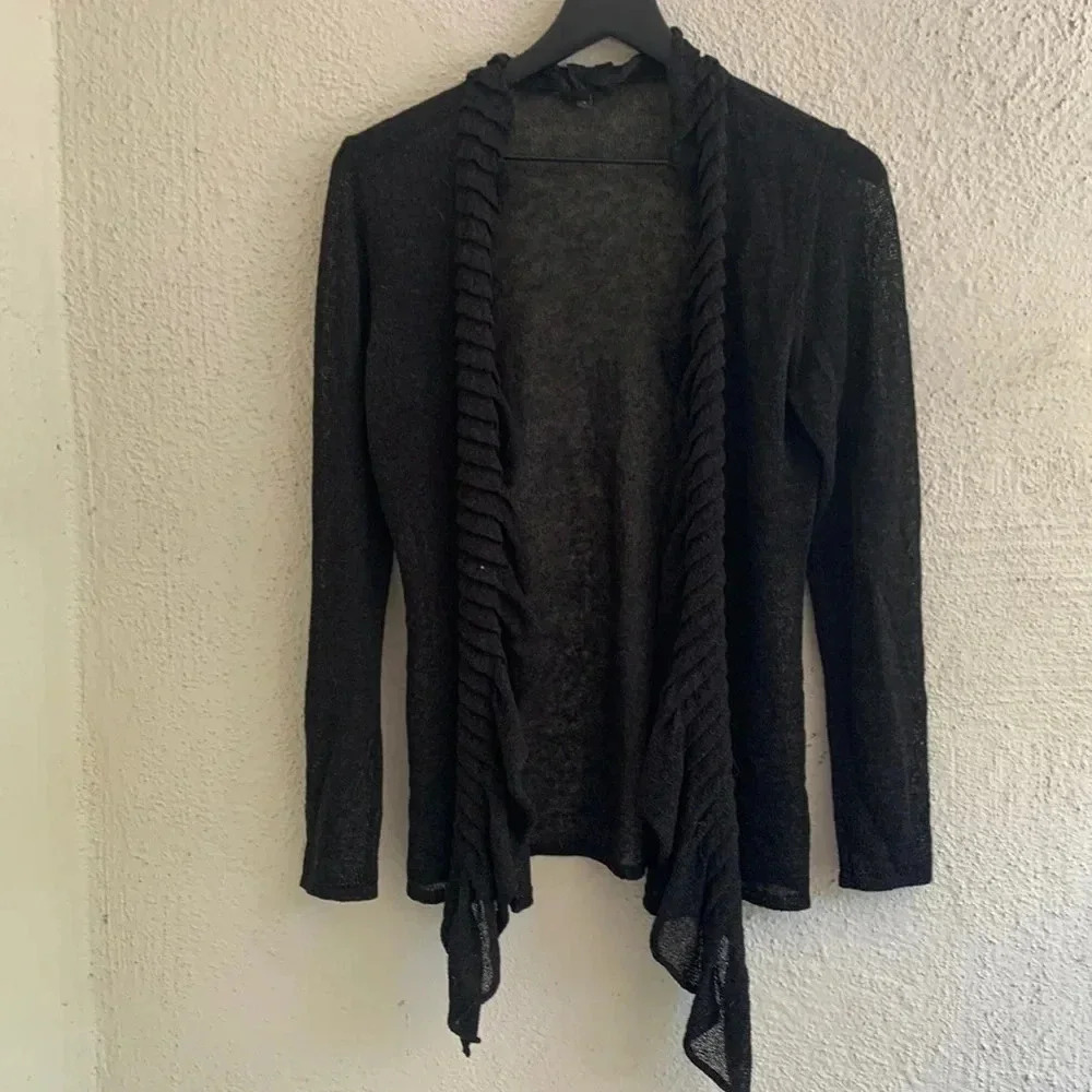 Eileen Fisher Black Ruffle Open Front Cardigan Top Rayon Linen Size Small